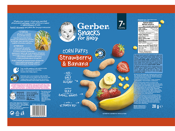 GERBER Snacks kukuřičné křupky jahoda a banán 28 g_obal