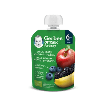 GERBER Organic kapsička jablko, banán, borůvka a ostružina 90 g