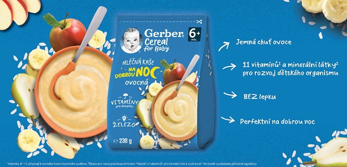 Benefity GERBER Cereal mléčná kaše ovocná na dobrou noc