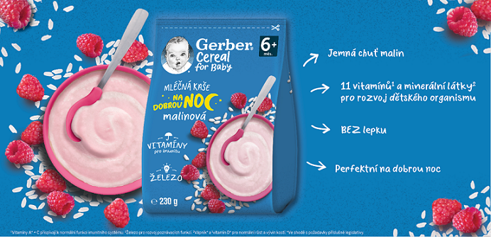 Benefity GERBER Cereal mléčná kaše malinová na dobrou noc