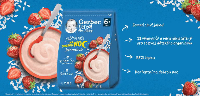 Benefity GERBER Cereal mléčná kaše jahodová na dobrou noc