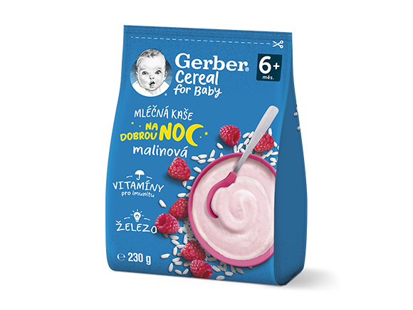 GERBER Cereal mléčná kaše malinová Dobrou noc 