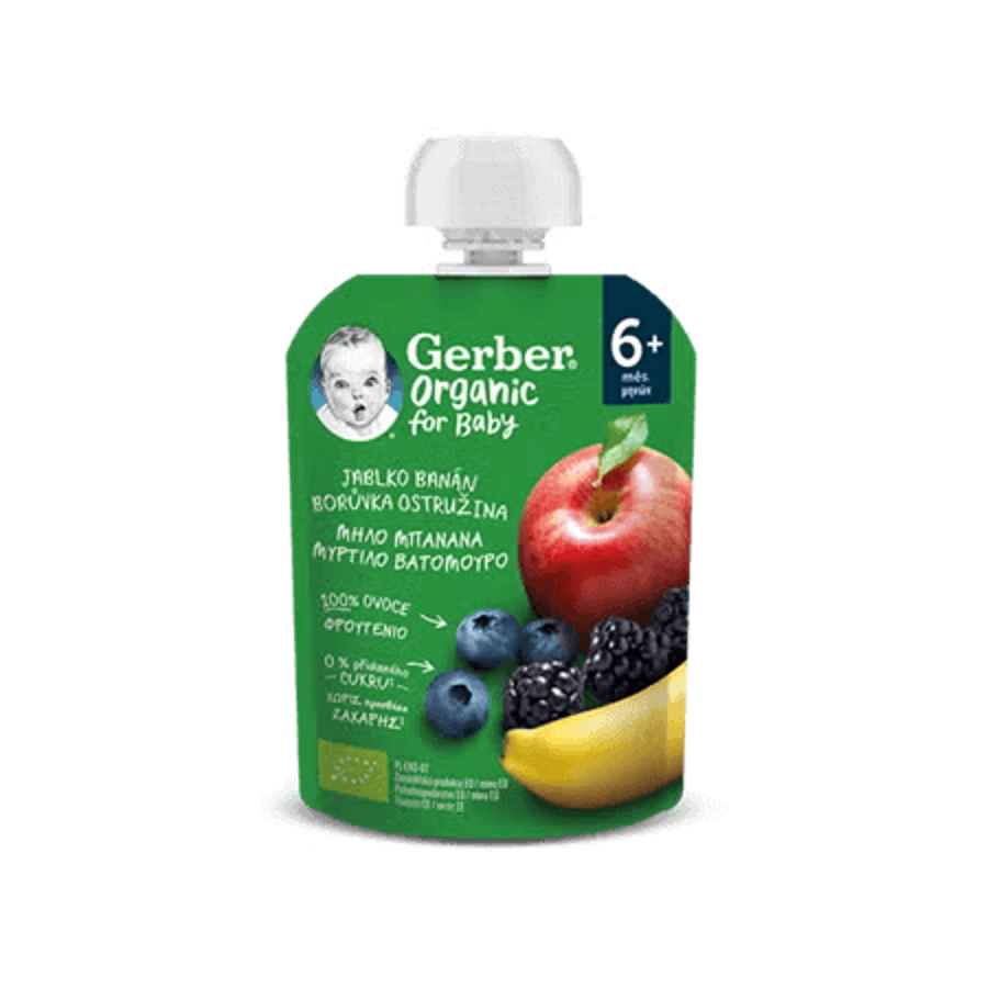 GERBER Organic kapsička jablko, banán, borůvka a ostružina 90 g
