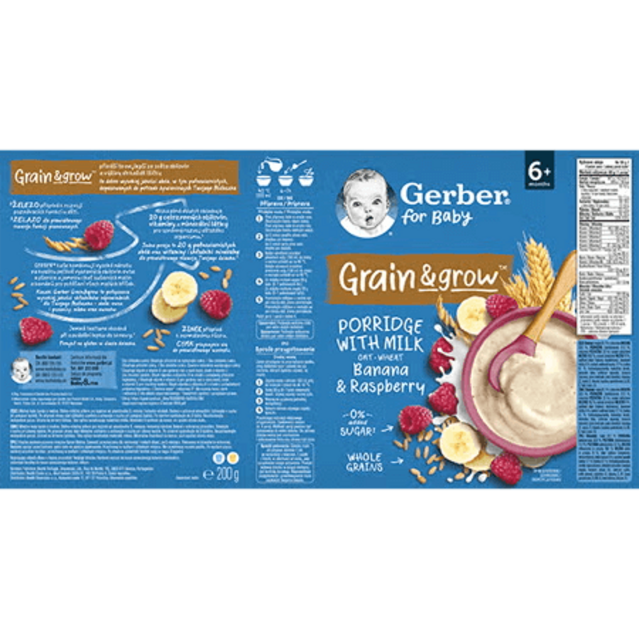 GERBER mléčná kaše pšenično-ovesná banán a malina 200 g