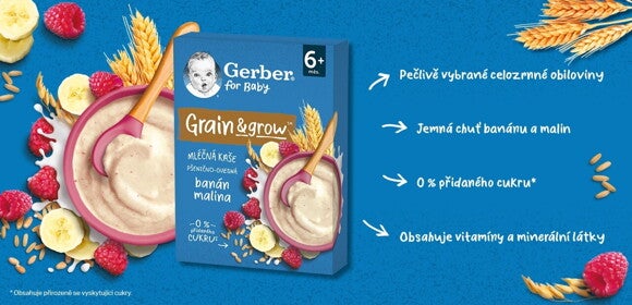 GERBER mléčná kaše banán a malina_benefity GERBER mléčná kaše banán a malina_benefity
