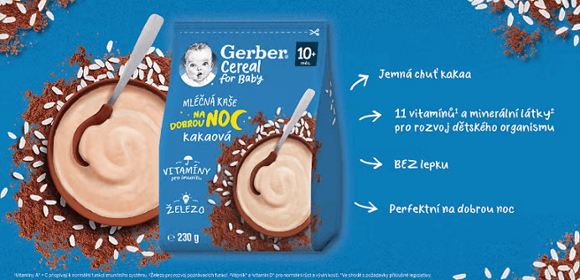 Benefity kaše GERBER Cereal kakaové na dobrou noc Benefity kaše GERBER Cereal kakaové na dobrou noc