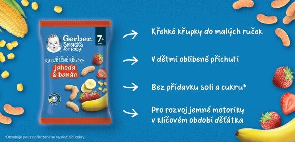 GERBER Snacks kukuřičné křupky jahoda a banán_benefity GERBER Snacks kukuřičné křupky jahoda a banán_benefity