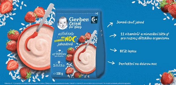 Benefity kaše GERBER Cereal jahodové na dobrou noc